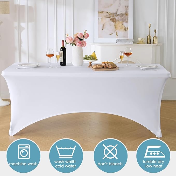 VidaFete Spandex Tablecloth 2 Pack 6FT, Fitted Stretch Table Cover for Rectangle Tables, Wrinkle Resistant and Washable Tablecloths for Outdoor, Picnic, Party, Wedding, Banquet, Birthday, White