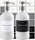Hand and Dish Soap Dispenser for Kitchen and Bathroom, Set of 2 16 Oz Glass Bottles, Stainless Steel Pumps, Non-Slip Silicone Base, 27 Waterproof Labels (Matte White Bottle/Brushed Silver Pump)