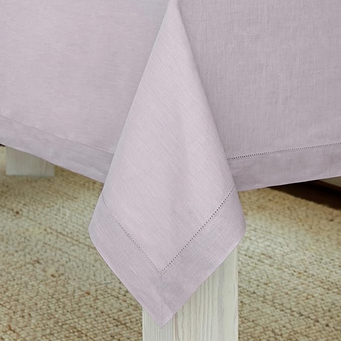 Solino Home Lilac Linen Tablecloth 60 x 144 Inch - 100% Pure Linen Hemstitch Table Cloth for Rectangle Tables - Classic Hemstitch, Machine Washable Tablecloth for Valentines, Spring, Easter