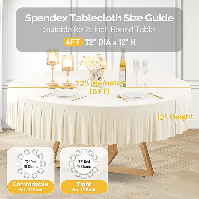 1 Pack Ivory Spandex Round Tablecloths for 72in Table, Stretchy Fitted 6FT Round Table Cloths, Wrinkle Free Table Cover with Skirt for Wedding Birthday Party Bridal Shower Banquet