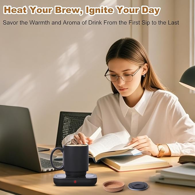 Coffee Mug Warmer & Mug Set for Desk, Electric Coffee Cup Warmer with Ceramic Mug, Smart Heated Coffee Mug with Auto Shut Off for Office/Home, Christmas/Birthday/Coffee Gifts for Men & Women, Black