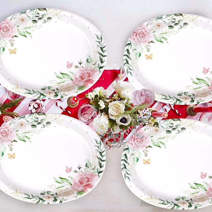 50Pcs Spring Floral Oval Paper Plates 10"x12" Large Disposable Watercolor Eucalyptus Leaf Dinner Platters Heavy Duty Sage Greenery Pink Flower Plates for Summer Baby Shower Bridal Shower Wedding Decor