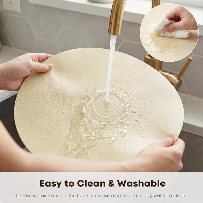 Artoid Mode Beige Faux Leather Placemats Set of 4, 15 Inch Waterproof Wipeable Heat Resistant Vinyl Place Mats, Reversible Table Mats for Kitchen Dining Decor