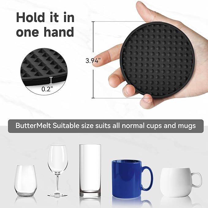 Coasters for Drinks, Silicone Coasters Set of 8 with Metal Holder, Outdoor Coaster for Coffee Table, Non-Slip Rubber Table Cup Mat Desk, Heat Resistant & Scratch-Proof (Black)