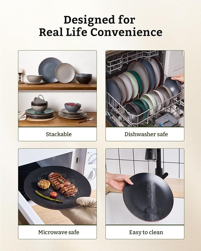 Famiware Venus Speckled Dinnerware Set with Pasta Bowls, Service for 6 (24 Pieces), Stoneware Plates and Double Bowls Sets, Microwave & Dishwasher-Safe Dishes with Trim, Matte Black