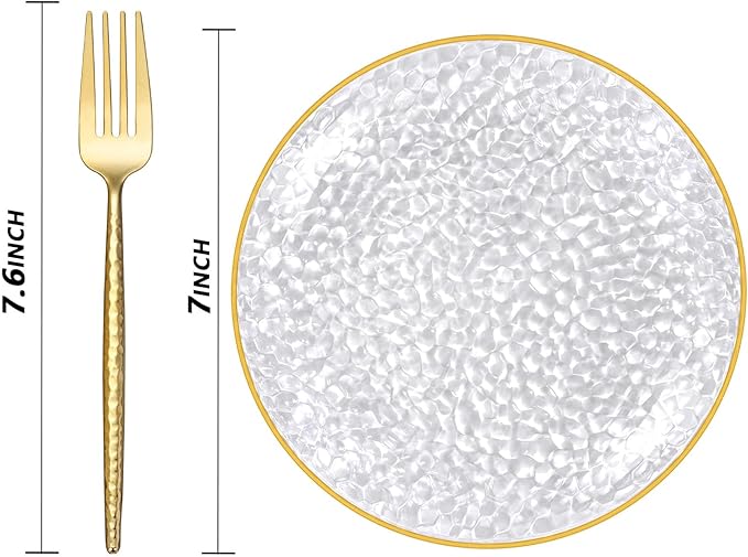 Rubtlamp 200 Pcs Clear Gold Dessert Plates 7" with Forks 7.6",Clear Plastic Hammered Platos, Dessert Plates Disposable, Heavy Duty Party Platos Include 100platos and 100forks for Party&Birthday