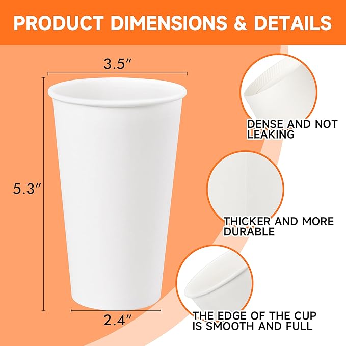 200 Pack 16 oz Disposable Coffee Cups, Sturdy Paper Cups for Hot/Cold Drinks, Leak-Proof White Hot Cups used for Party, Home, Café, Events, Office