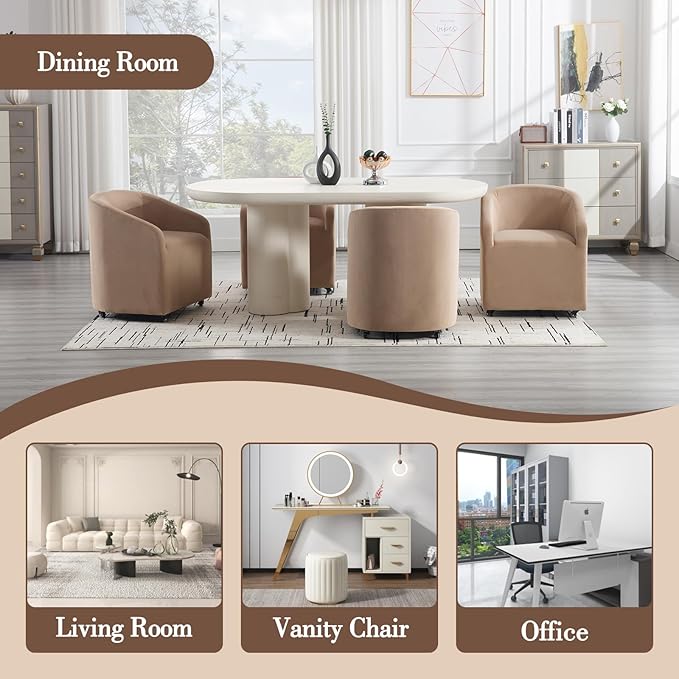 Modern Barrel Dining Chairs with Rolling Casters Set of 2, Upholstered Velvet Swivel Dining Room Chairs with Wheels for Kitchen Living Room Home Office, Khaki