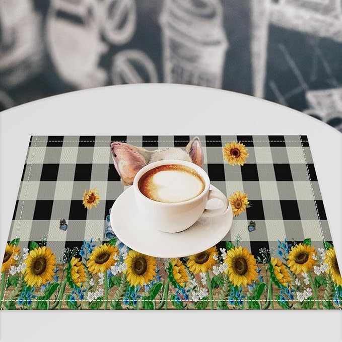 Rustic Pig Placemat Set, Vintage Farmhouse Cute Animal Sunflower Floral Black White Plaid Blue Bowknot Pattern Home Decor Table Mats for Dining Room Kitchen Party (17x12in) x4P