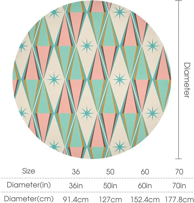 Mid Century Round Tablecloth, Vintage Bohemian Modern Mid-Century 50s 60s Print Tablecloth for Home Party Dining Room Kitchen Decor 50Inch(127cm)