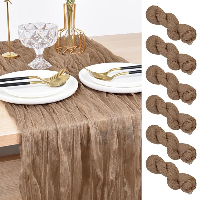 Joanlody Coffee Cheesecloth Table Runner Fall Thanksgiving 10Ft Rustic Gauze Boho Cheese Cloth Table Runner for Wedding Bridal Baby Shower Decoration 6 Pack