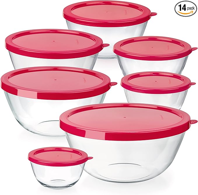 7 Stackable Space-Saving Nesting Glass Bowls with Pink Lids for Foodprep, Storage, Baking, Mixing & Cooking, Microwave Safe - Durable Inert Borosilicate Glass