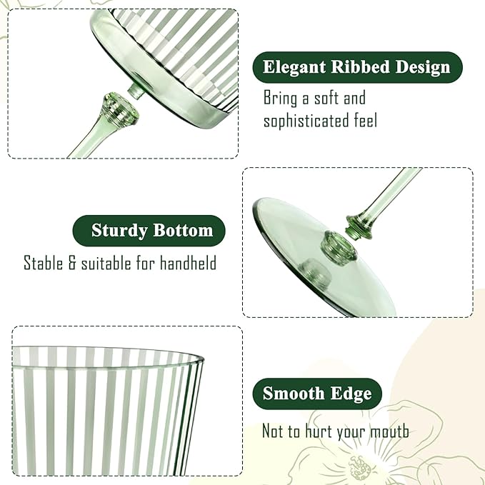 24 PCS Green Plastic Wine Glasses with Removable Stems 13.5 Oz Ribbed Wine Glasses Square White Wine Glass Muted Pastel Colors Goblets Elegant Fluted Glassware for Wedding Anniversary Birthday