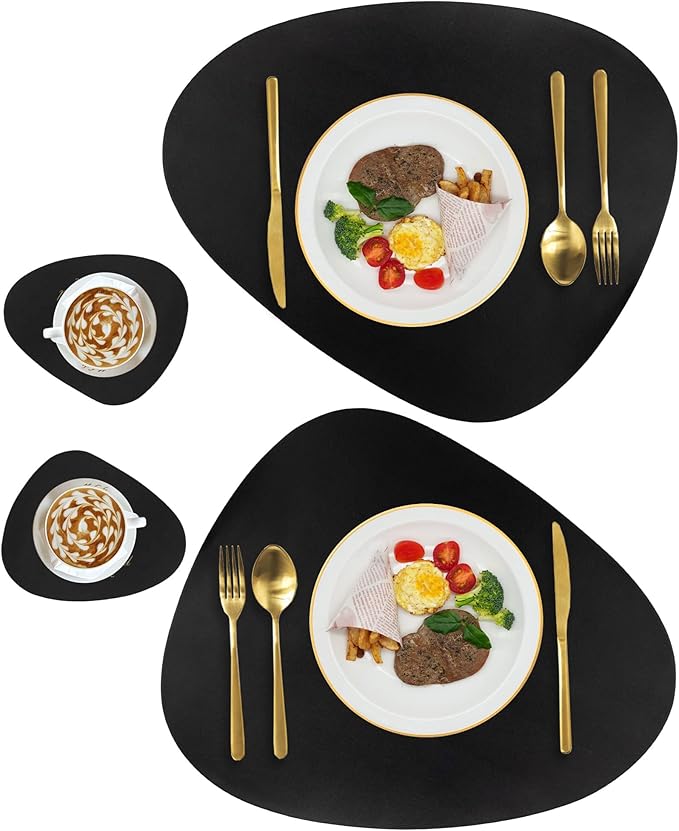 Black Placemats Set of 2, Faux Leather Placemats, Valentines Day Table Mats Set of 2, Wipeable Washable Placemat for Round Table, Mats for Kitchen Dining Patio Heat Resist Easy to Clean