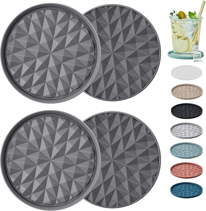 Silicone Coasters for Drinks[4 Pack]- Cup Mat for Tabletop Protection-Non-Slip, Non-Stick, Coffee Table Decor, Great Gift for Any Occasion, Dark Grey
