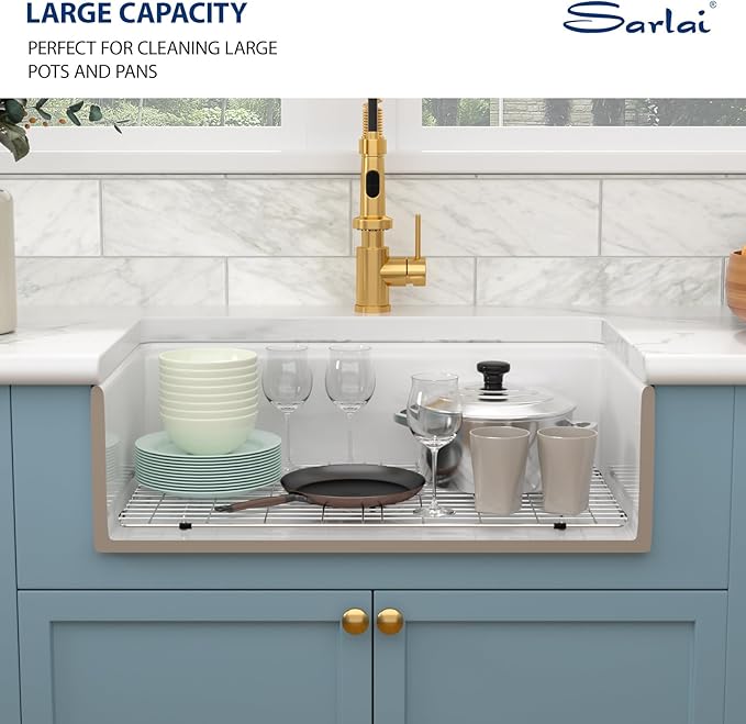 Sarlai 33 White Farmhouse Kitchen Sink - 33 x 20 Inch Farm Kitchen Sink Ledge Workstation White Ceramic Porcelain Fireclay Farmer Sinks Single Bowl Basin