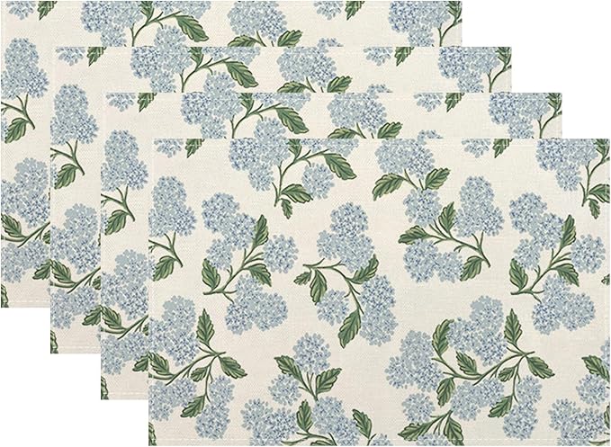 Blue Green Spring Placemats Set of 6 Hydrangea Flower Decor Place Mats 12x18 Inch Vintage Floral Summer Seasonal Decorative Linen Table Mats for Home Kitchen Dining Party Table Decoration