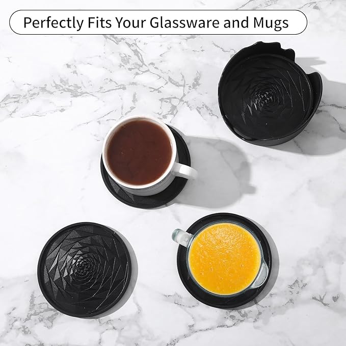 Silicone Coasters Set of 6 with Holder, Unique Rose Petal Design, Drink Coasters for Table Protection, Cup Mat for Hot-Cold Beverages, Modern Non-Slip, Non-Stick Design, Ideal Gift(6 Pack, Black)