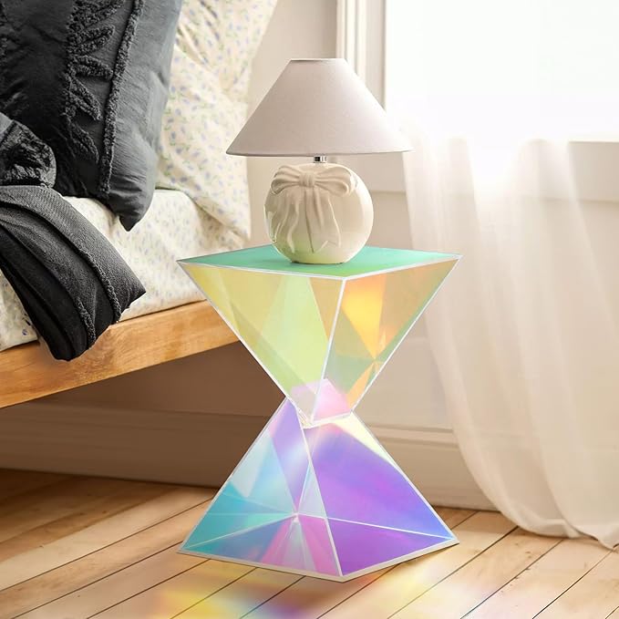 BECHAEO 12.6" Iridescent Acrylic Side Table, Small End Tables for Small Spaces, Modern Acrylic End Tables Living Room Nightstand with Irregular, Lightweight Farmhouse Outdoor Side Tables for Patio