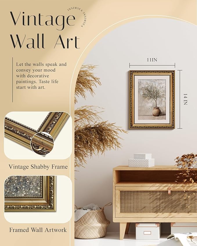 InSimSea Retro Gold Framed Wall Art, Vintage Olive Tree in Vessel Home Wall Decor, Canvas Print Artwork, Farmhouse Country Decor, Antique Picture Frame Still Life Botanical Paintings, 11x14 Inch