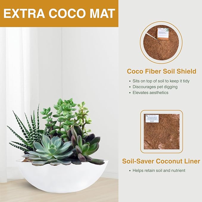 6.9" H x 19.7" D Round Bowl Fiberstone Planter for Succulent and Lotus with Drainage Hole, Smooth Finishes, Weather Resistant, Included 2 Extra Coco Mats (White, 17.9" Pot Opening)
