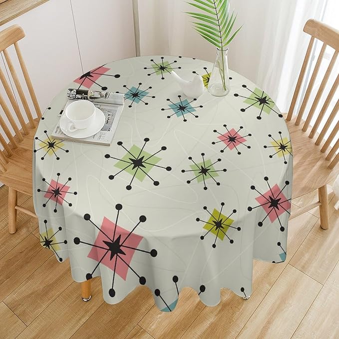 Retro Mid Century Round Tablecloth, Vintage Modern Colorful Abstract Geometric Art Bohemian Tablecloth for Home Party Dining Room Kitchen Decor 70Inch(178cm)
