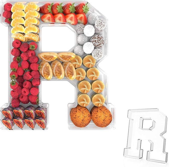 13.8" Acrylic Letter Charcuterie Tray, Charcuterie Letters Fillable Box for Food, Reusable Serving Cake Candy Dish Display Tray for Birthday Anniversary Party Decoration (Letter R)