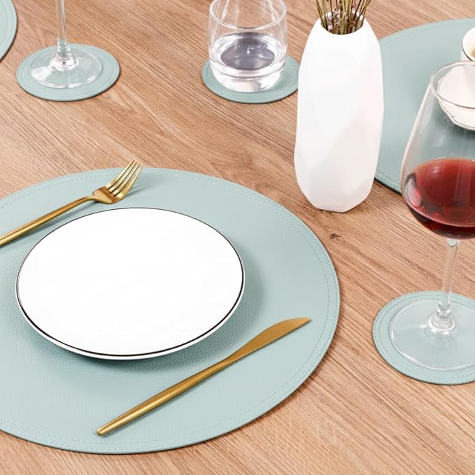 Set of 8 Faux Leather Round Placemats and Coasters, Coffee Mats Kitchen Table Mats, Waterproof, Easy to Clean for Kitchen Dining Round Table