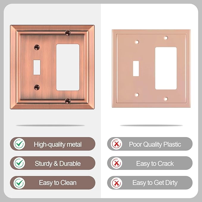 Metal Wall Plate for Electrical Outlets, Decorative Antique Copper Switch Plates Outlet Cover, Light Switch Cover Plate, 2-Gang Wall Plates (Toggle/Decorator, 2 Pack)