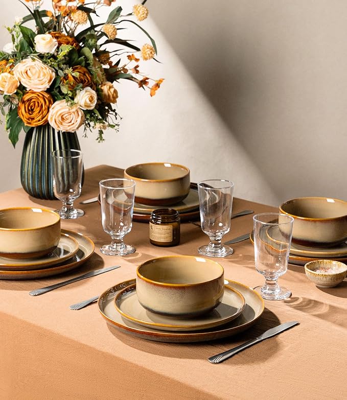 TheTerra Ceramic Dinnerware Sets for 4, 12 Pieces Handmade Reactive Glaze Plates and Bowls Set, Scratch Resistant Dish Set, Oven & Microwave & Dishwasher Safe, Creamy Amber