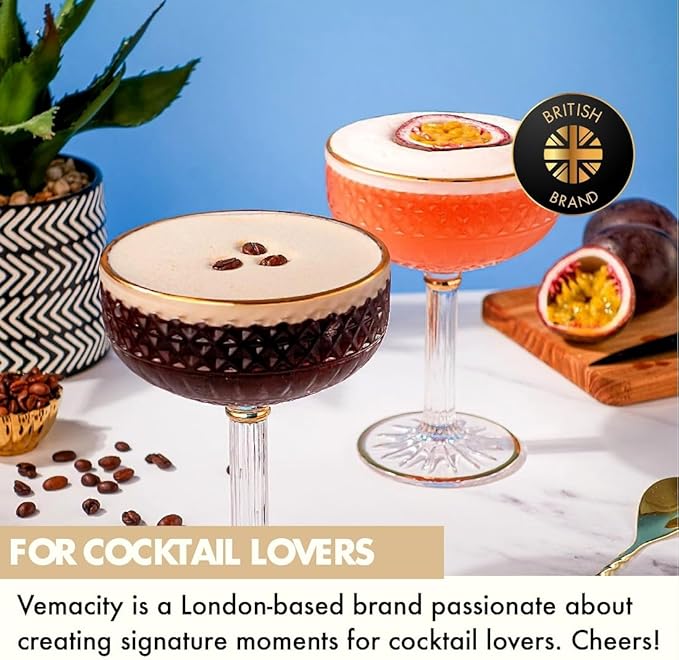 VEMACITY - Embossed Espresso Martini Glasses Set of 2 (10oz) - Gold Rim Coupe Glasses for Cocktails, Champagne & Margaritas - Vintage Art Deco Design | Ideal for Martinis and Margaritas