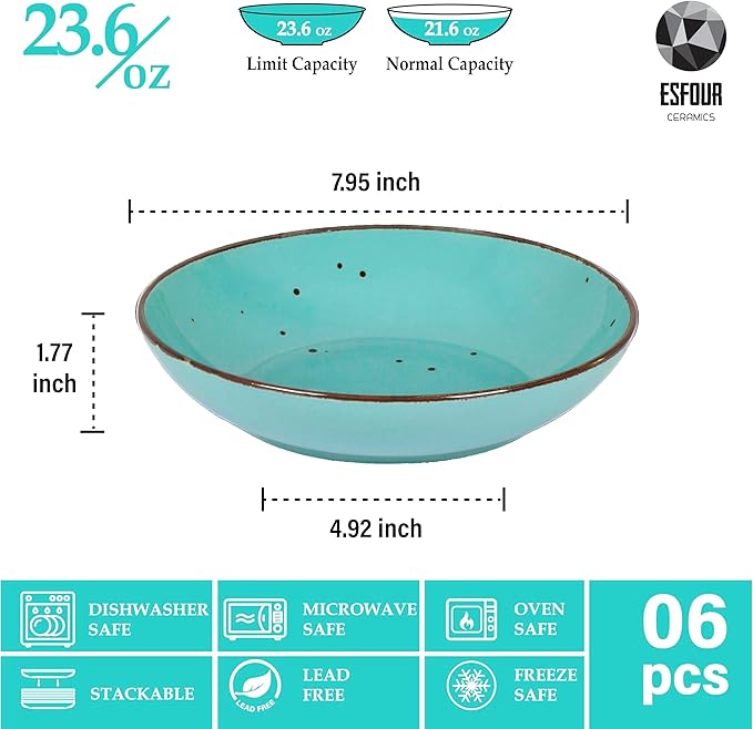 Esfour 8 Inch Porcelain Pasta Bowl, 23.6 Ounce Salad Bowls, Microwave & Dishwasher Safe, Sturdy & Stackable, Set of 6 Ceramic Bowl Plate Set, Wide Shallow Salad Bowls, Natural Assorted Colors