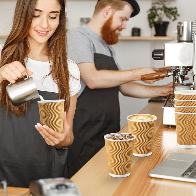 SIUQ Coffee Cups 12 oz 150 Pack, Insulated Ripple Wall Paper Coffee Cups 12 oz, Disposable Coffee Cups, Hot Beverage/Cold Drinking Cups for Office,Home,Party,Cafe,Picnic,Travel (Champagne)