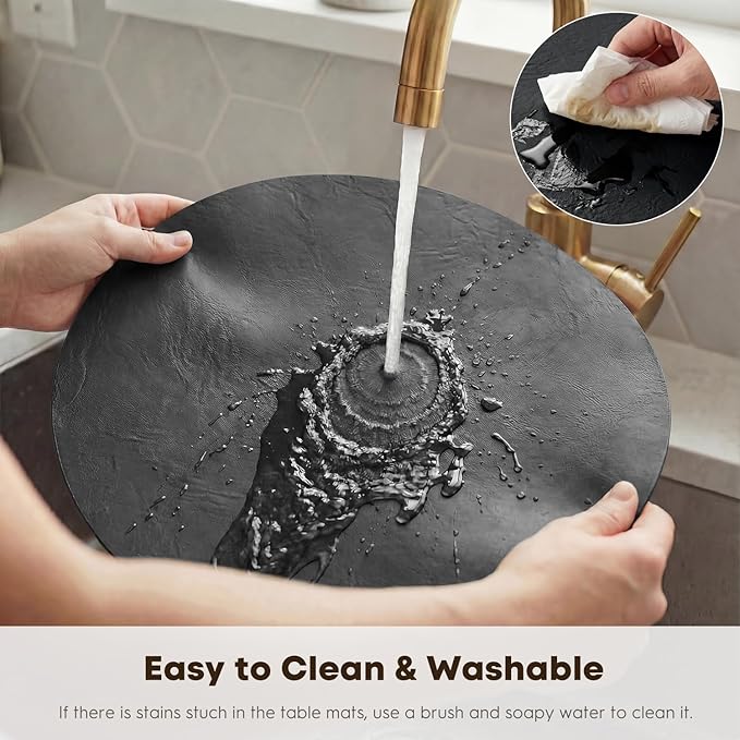 Artoid Mode Black Faux Leather Placemats Set of 4, 15 Inch Waterproof Wipeable Heat Resistant Vinyl Place Mats, Reversible Table Mats for Kitchen Dining Decor