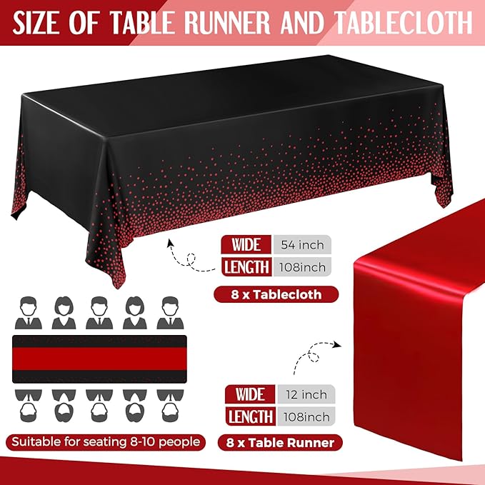 Breling 16 Pack Black and Red Disposable Plastic Tablecloths and Satin Table Runner Set, 54 x 108 Inch Tablecloth, 12 x 108 Inch Table Runners for Wedding Graduation Birthday Baby Shower