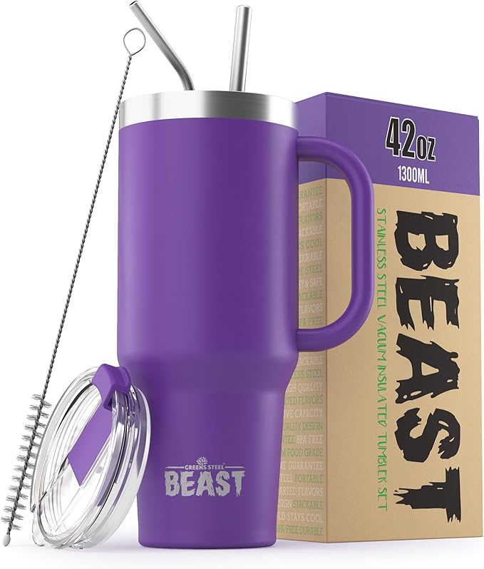 Beast 42 oz Tumbler with Handle Stainless Steel Vacuum Insulated Coffee Ice Cup Double Wall Travel Flask (Deep Purple)