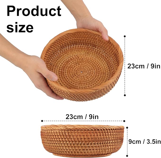 2 pack 9 inch Round Rattan Keys Basket Bowl for Organizing, Tabletop Wicker Organizer Basket Entryway, Hand-woven Rattan Storage Basket for Keys, Wallet, Cell Phone