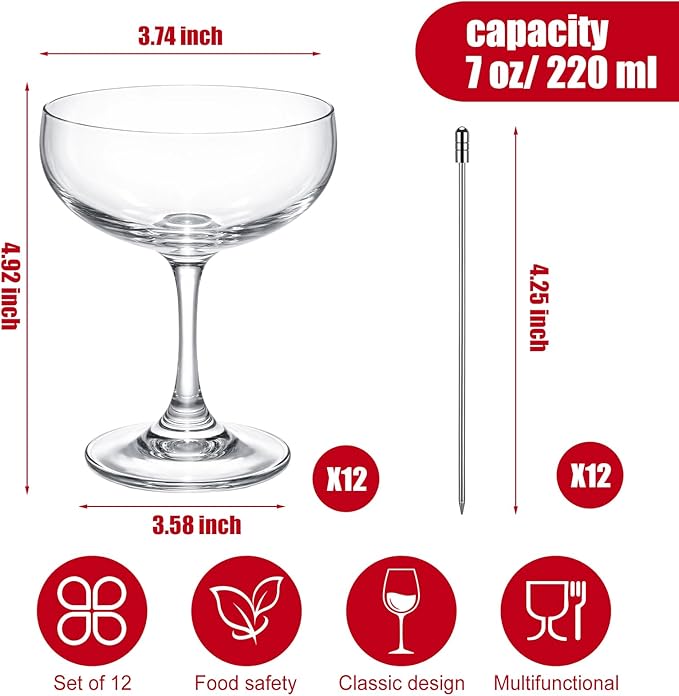 Maxdot 12 Set 7oz Small Champagne Coupe Cocktail Glasses with Metal Cocktail Picks, Clear Elegant Handblown Coupe Glasses Bulk Crystal Espresso Martini Cups for Home Parties Wedding Bar