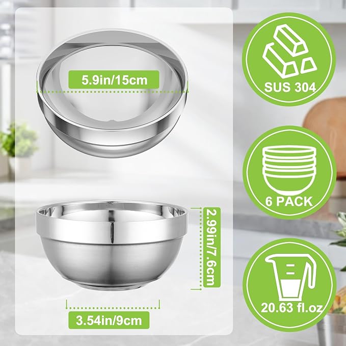 Stainless Steel Bowls, 6 Pack 5.9in 20.6oz 610ml Medium SUS304 Double Wall Insulated Stackable Metal Cereal Bowl Containers for Dishes Eating Serving Snacks Ice Cream Soup Food Rice Salad