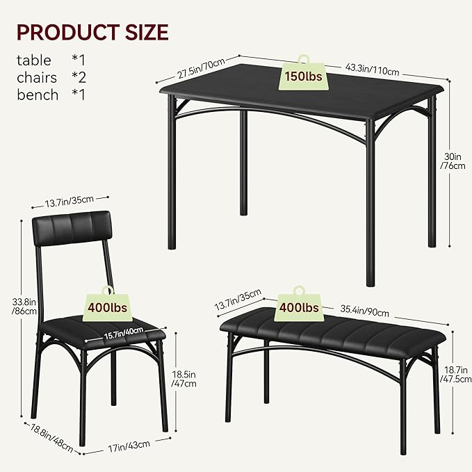 Dining Table Set for 4, Rectangular Kitchen Table and Chairs Set of 4 for Small Spaces, Modern Dining Room Table Set with Upholstered Bench and 2 Chairs, Space Saving Dining Furniture for Apartments