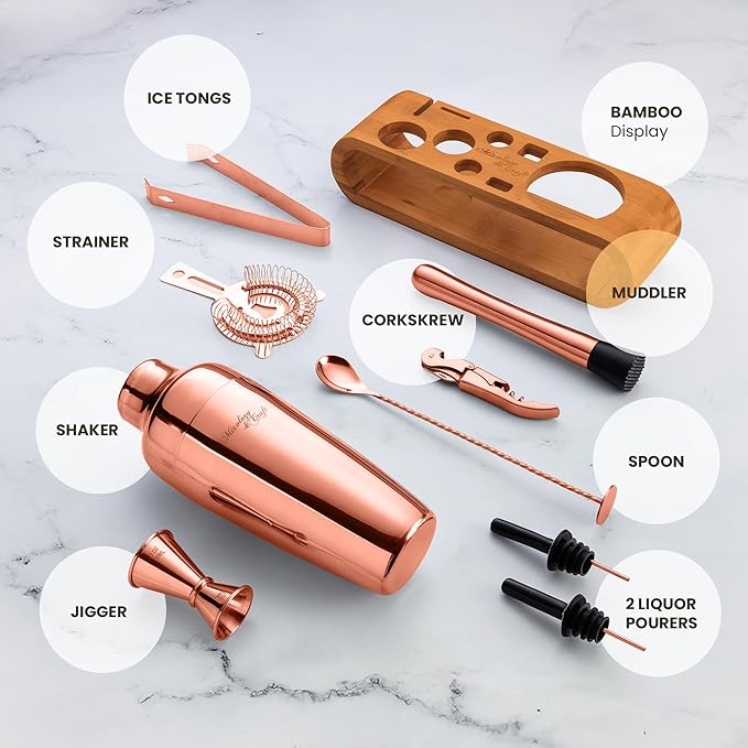Mixology & Craft Cocktail Shaker Set with Bamboo Stand - Professional 10-Piece Bartender Kit - Complete Bar Set & Cocktail Mixer Kit for Home (Copper)