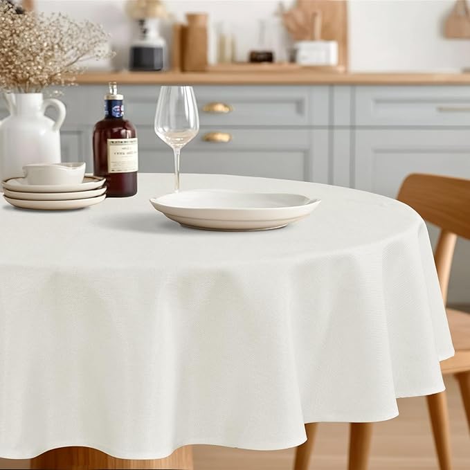 JIUZHEN Round Textured Table Cloth Linen Wrinkle Free Stain Resistant Farmhouse Decorative Circular Tablecloth for Kitchen, Dining, Party, Wedding, Outdoor Use (45 Inch Round,White)