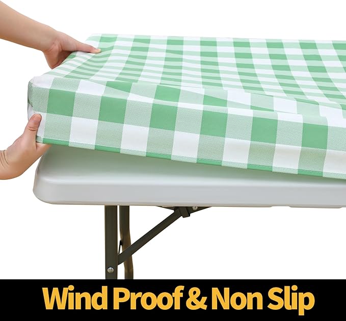 Smiry Rectangle Picnic Table Cloth, Elastic Waterproof Fitted Vinyl Tablecloths, Flannel Backed Buffalo Plaid Table Covers for Dining, Camping, Outdoor (Sage Green and White, 30" x 60")