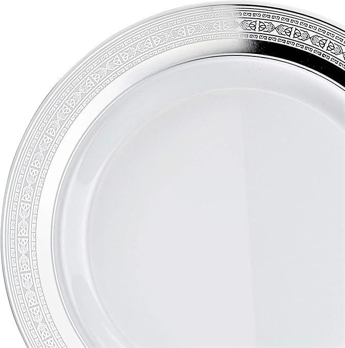 OCCASIONS 240 Plates Pack,(120 Guests) Heavyweight Premium Wedding Party Disposable Plastic Plates Set -120 x 10.5'' Dinner + 120 x 7.5'' Salad/Dessert (Palace White & Silver)