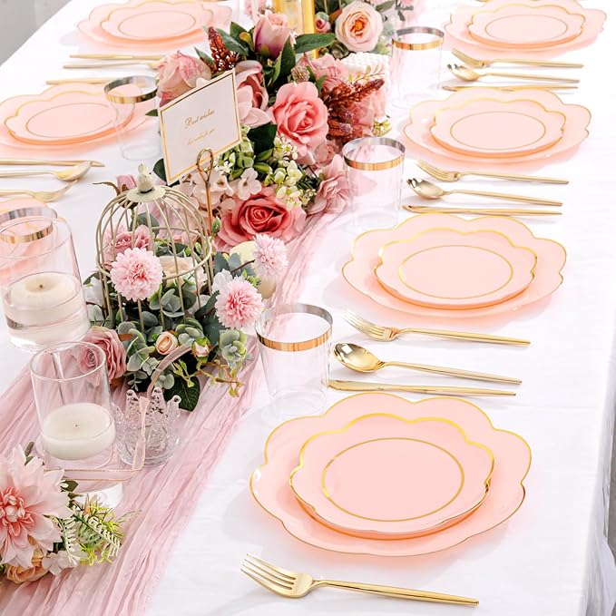 EI 180pcs Pink Plastic Plates with Gold Plastic Silverware,Heavy-Duty Disposable Plates for Party,White Dinnerware Set for 30 Guest Wedding,Birthday,Valentine's Day