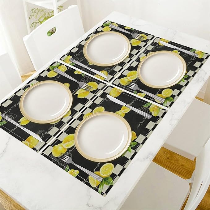 Vintage Lemon Placemat Set, Rustic Farmhouse Yellow Orange Fruit Leaves Black White Plaid Quotes Seamless Pattern Home Decor Linen Table Mats for Dining Room Kitchen Party (17x12in) x6P