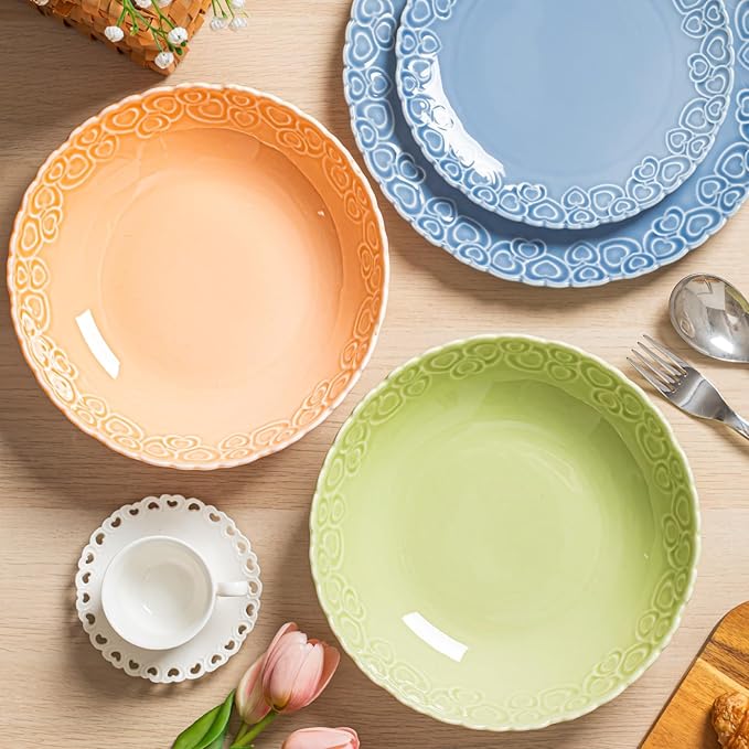 HOMBENE Heartbeat Pasta Bowls Set of 4, 40oz, Porcelain Wide and Shallow, Soup, Pasta, Noodle, Dinner, Large Salad Bowls Soup Bowl for Kitchen, Microwave & Dishwasher Safe (Mint Glow Green)