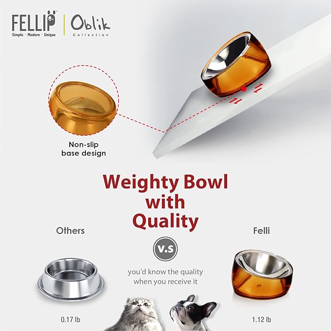 Felli Pet Oblik Whisker Fatigue Cat Food Bowl Raised Stainless Steel Shallow Dish, Pet Design Anti Vomit Tilted Metal Plate Feeder Elevated Acrylic Base for Treats Storage(Gold, 0.5 Cups Shallow Dish)