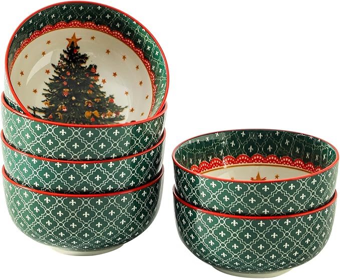 HASENSE 26 OZ Cereal Bowls Set of 6, Christmas Soup Bowls for Kitchen, 6 Inch Ceramic Bowls Microwave and Dishwasher Safe for Rice, Oatmeal, Noodle, Ramen, Salad, Fruit and Pasta, Colorful