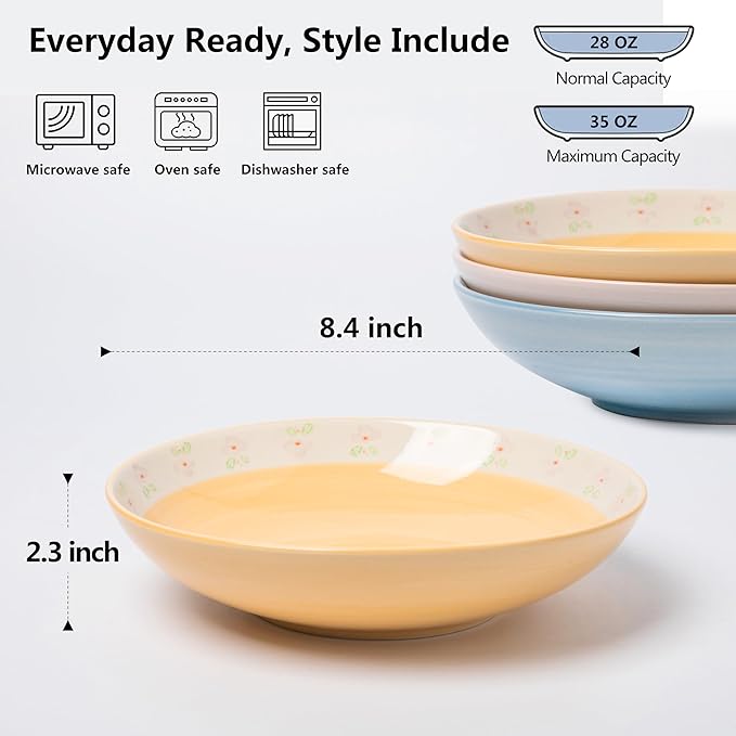 Handmade 8.4'' Ceramic Large Pasta Bowls Set of 4 – 35oz Floral Salad Bowls for Pasta, Soup, Noodles, Salad & Dinner – Microwave, Dishwasher & Oven Safe – Spring Blossom